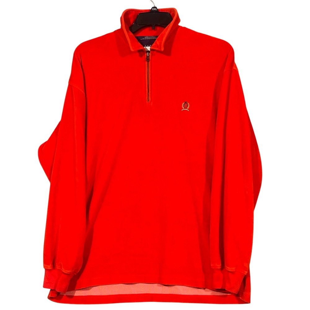 Tommy Hilfiger Mens Red Velour Quarter Zip Pullover Sweatshirt XL Crest Logo